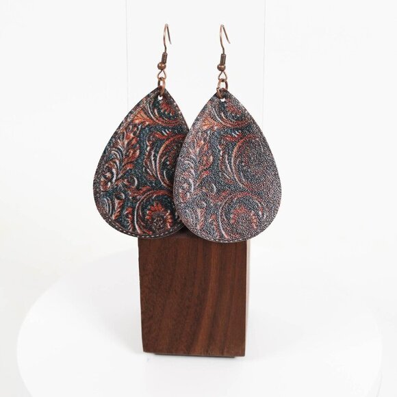 Fashion Jewelry Jewelry - Bohemian Teardrop Earrings - Floral Print Faux Leather, Antique Bronze Finish